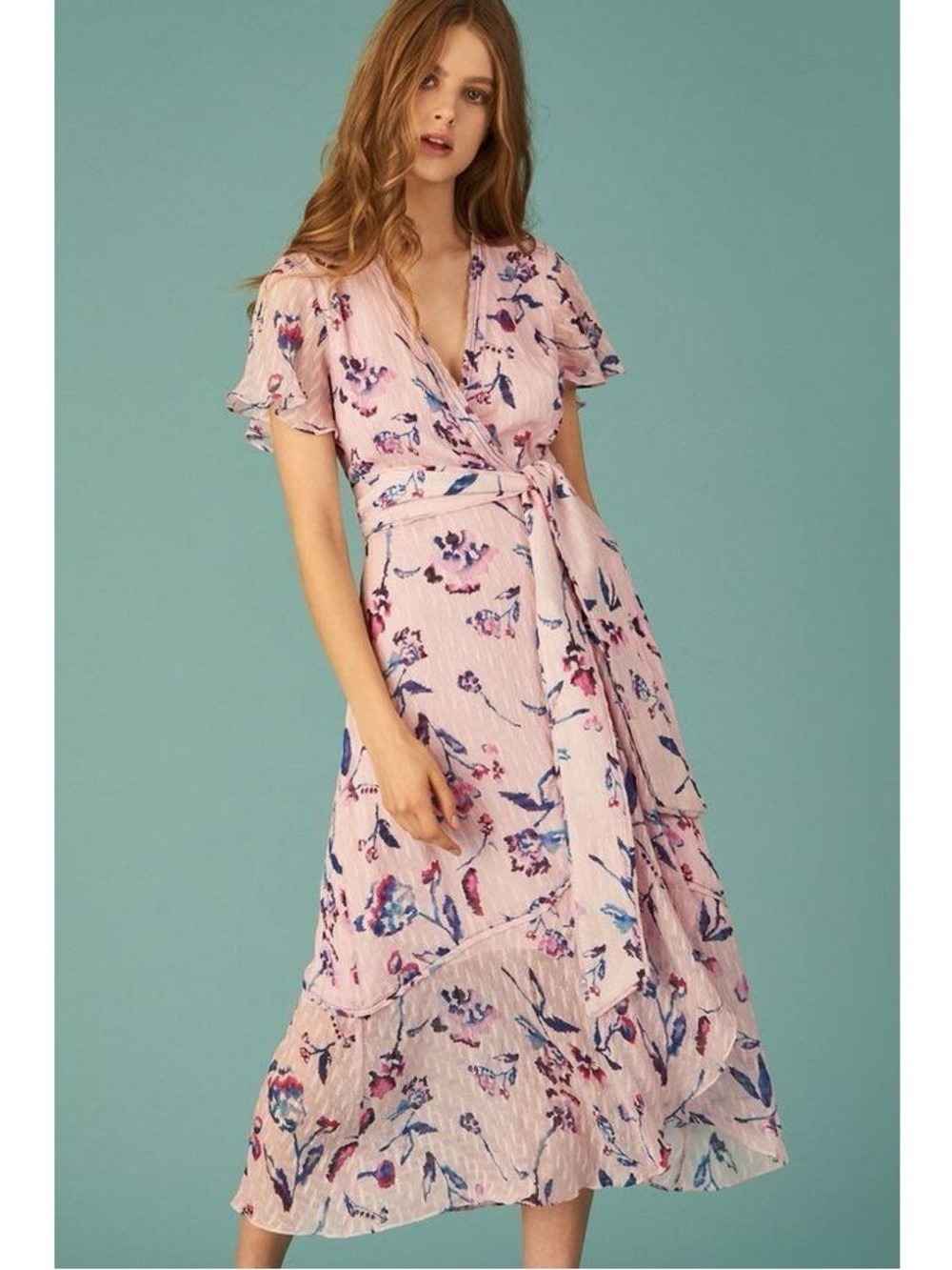 Tanya Taylor Blaire Wrap Pink Silk Cotton Blend Floral Midi Dress Size 6